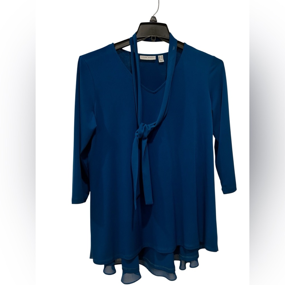 SUSAN GRAVER Liquid Knit Chiffon Peplum Tunic with Sash